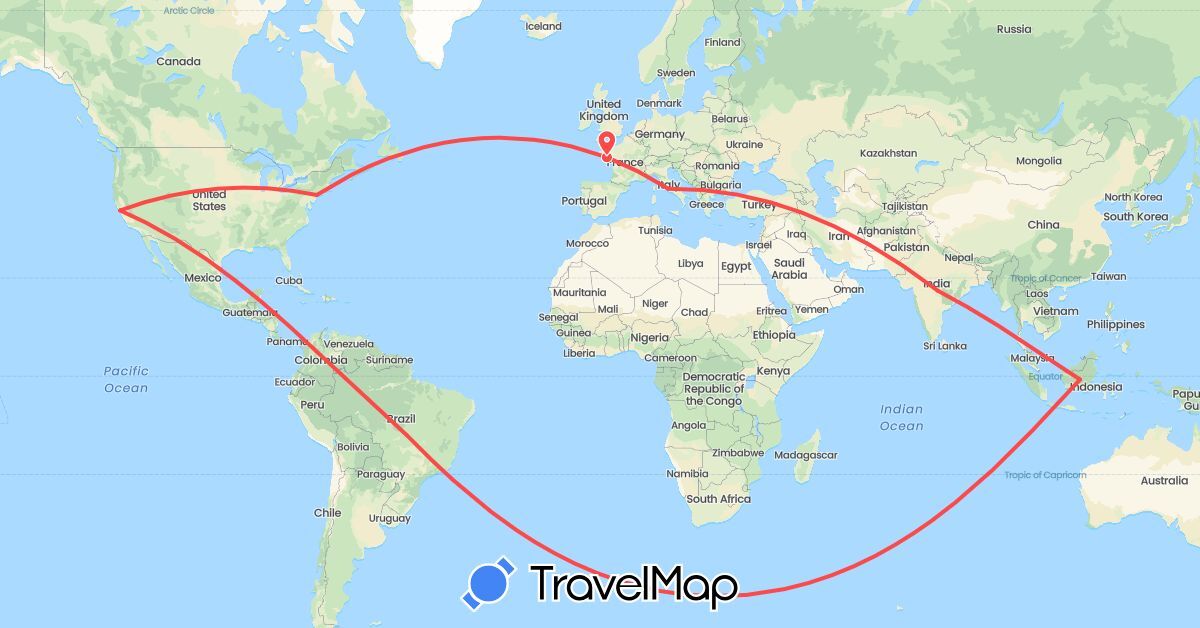 TravelMap itinerary: hiking in Brazil, France, Indonesia, India, Italy, United States (Asia, Europe, North America, South America)